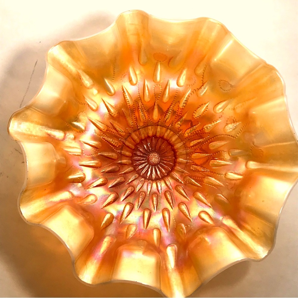 Antique Dugan Peach Opal Raindrops Carnival Glass Crimped Bowl-very rare!